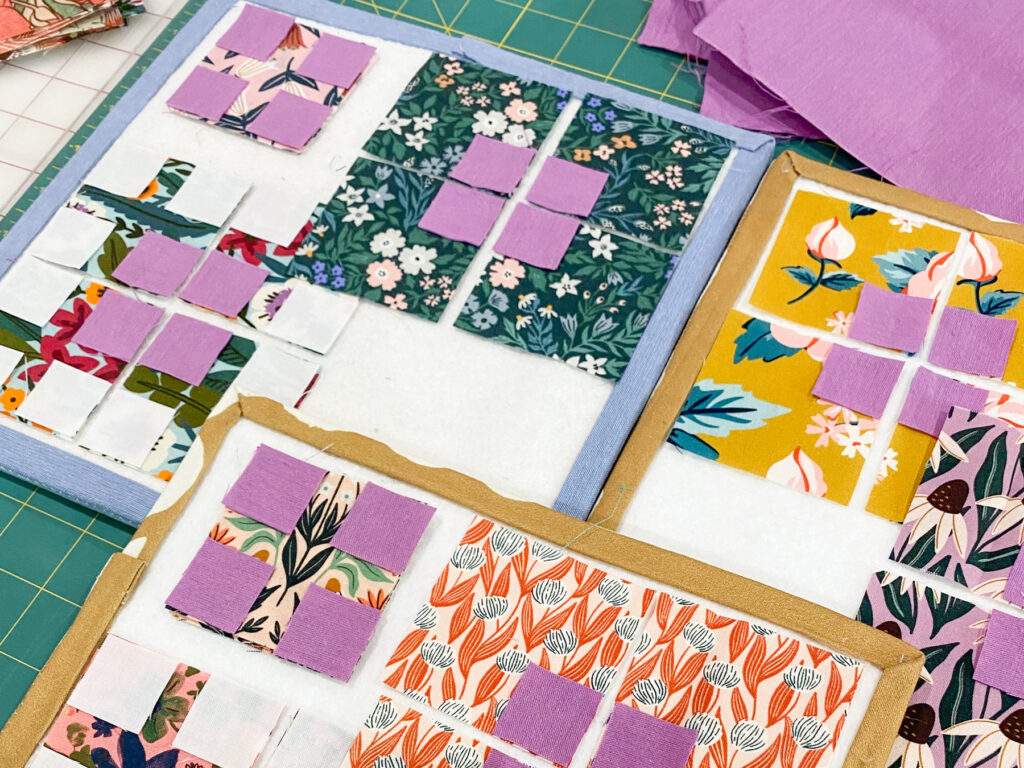 Floral fabric scraps selected for sewing the Blossom Pillow Pattern
