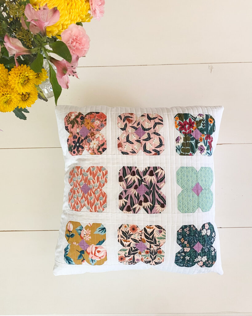 Finished Blossom Pillow made with pretty floral scrap fabrics