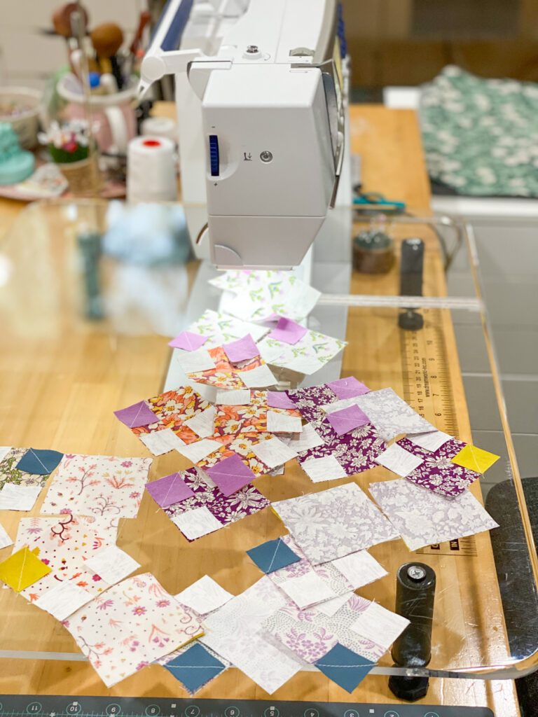 Sewing the Blossom Pillow Pattern flower blocks with scrap fabric