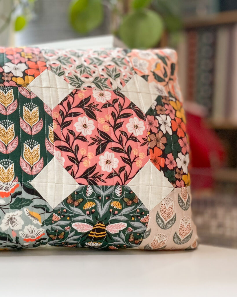 Close-up of straight-line quilting on the Honeycomb Pillow, spaced ½ inch apart for a clean, textured finish