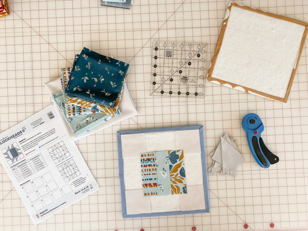 Sewing process for Blockheads 6 quilt blocks with Folk & Lore fabric by Fancy That Design House