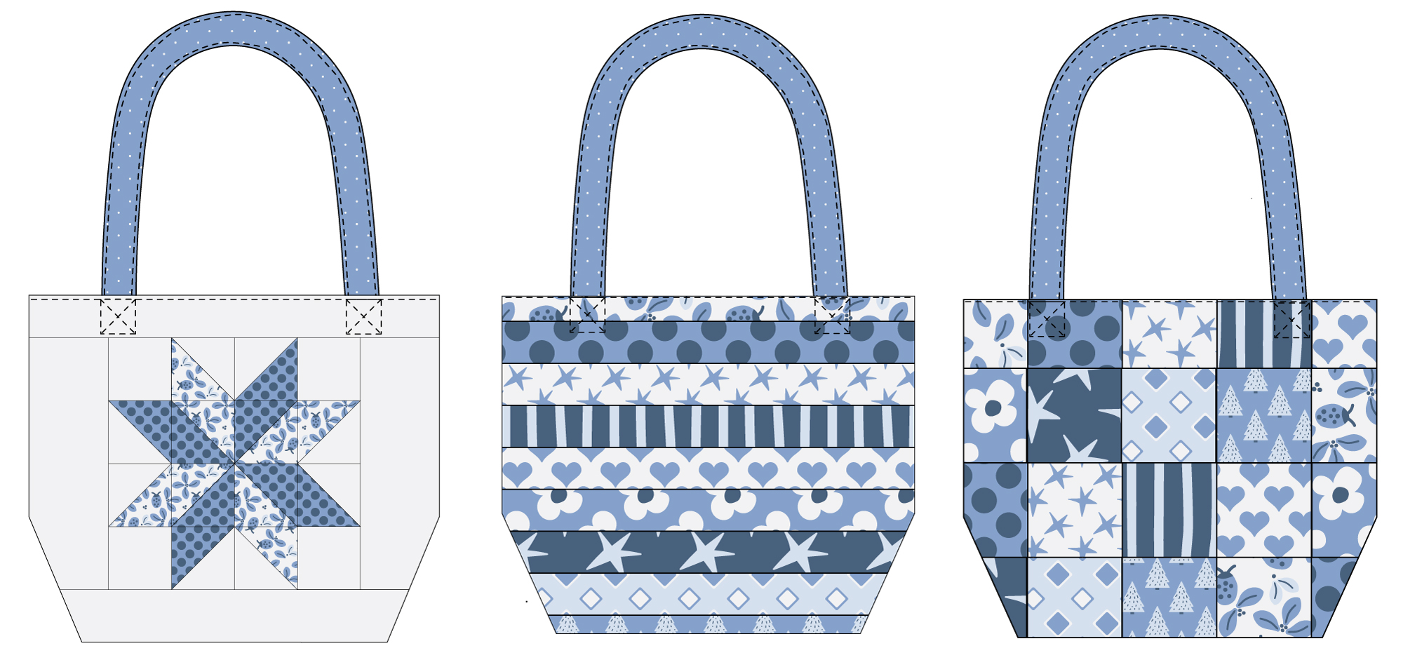 Illustration showing 3 design options for the HUGS bag, a star block center, 2 1/2" strips, and 5" squares.