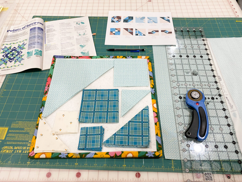 fabric pieces cut for Points of Interest quilt blocks C and D
